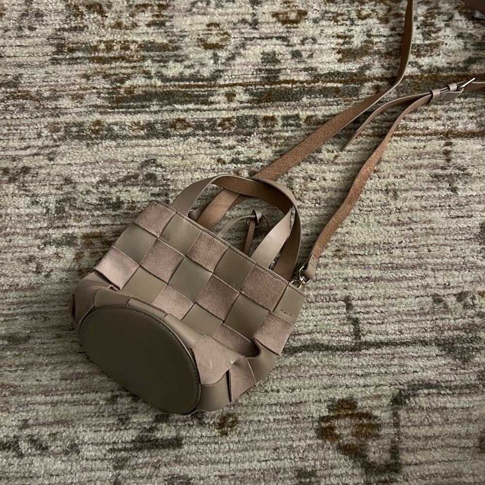J Crew Tan Leather and Suede Woven Bucket Bag